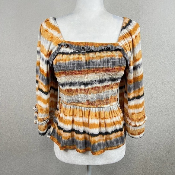 Savanna Jane Smocked Bell Sleeve Boho Top Women's M Yellow Serape Print Ruffle - Picture 2 of 8